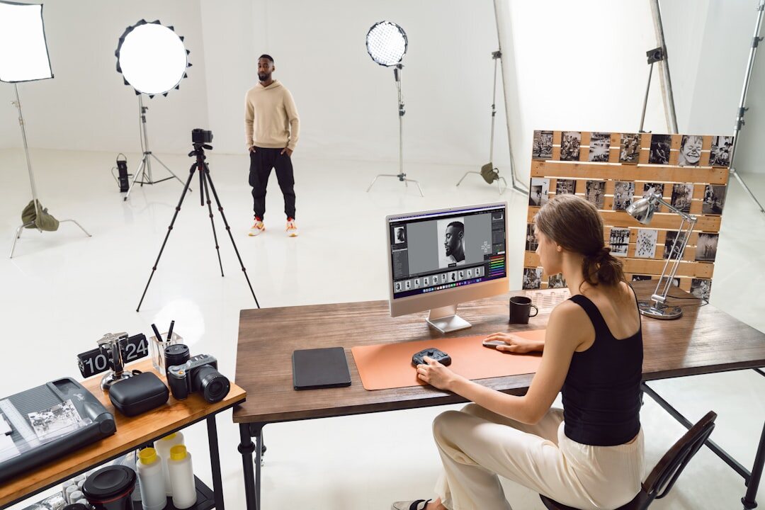 Professional video production studio with lighting setup and camera
