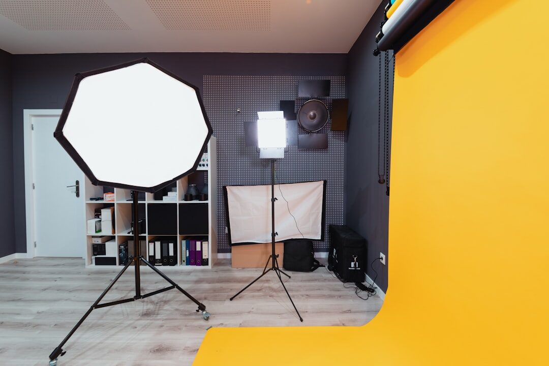 Professional studio lighting setup with softbox and LED panels