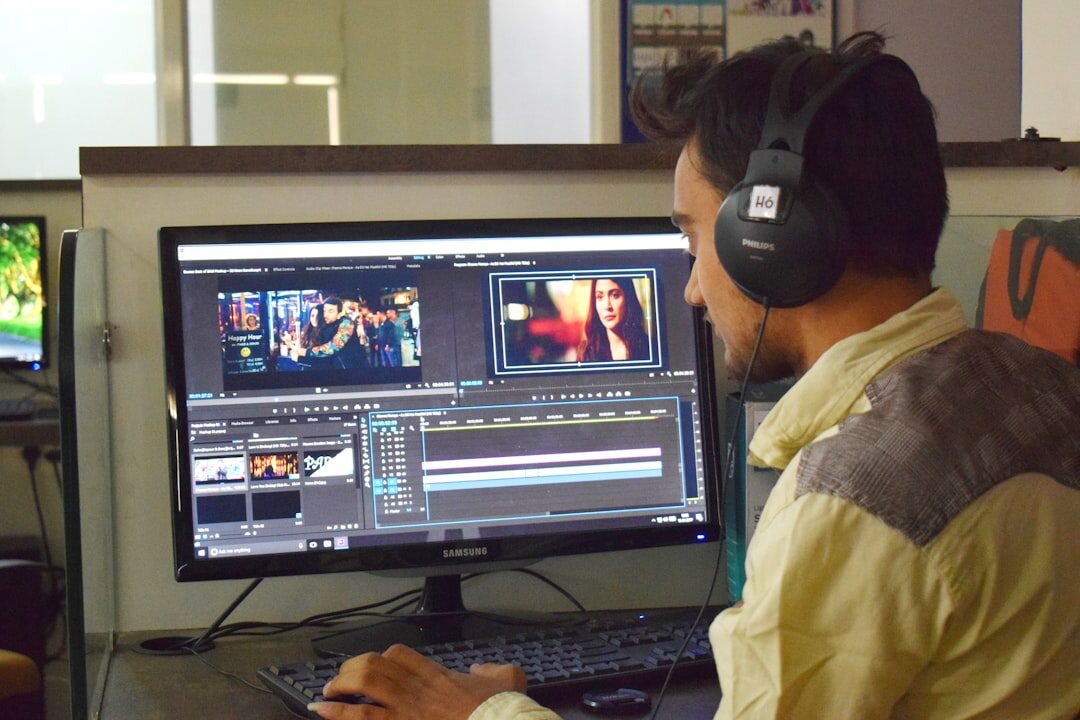 Video editing workflow on computer with multiple monitors